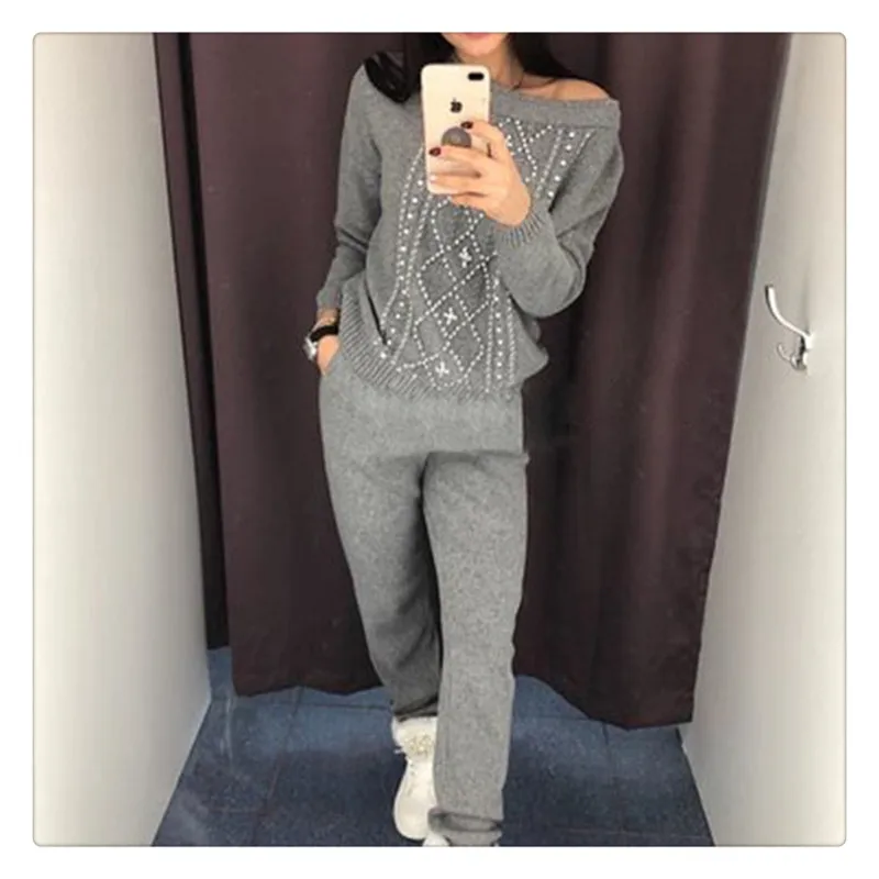 

womens Sweater Pants Suit Set Sweatshirts 2 PCS Set Beaded Trim Trousers Jumper Tops Clothing Set knitting tracksuit for women