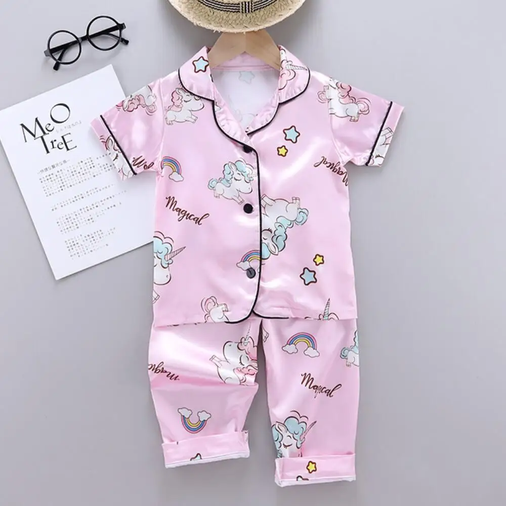 Children's Pajamas Set Summer Baby Suit Kids Clothes Toddler Boys Girls Lce Silk Satin Cartoon Printing Tops Pants 2pc Home Wear children's robe and slipper set Sleepwear & Robes