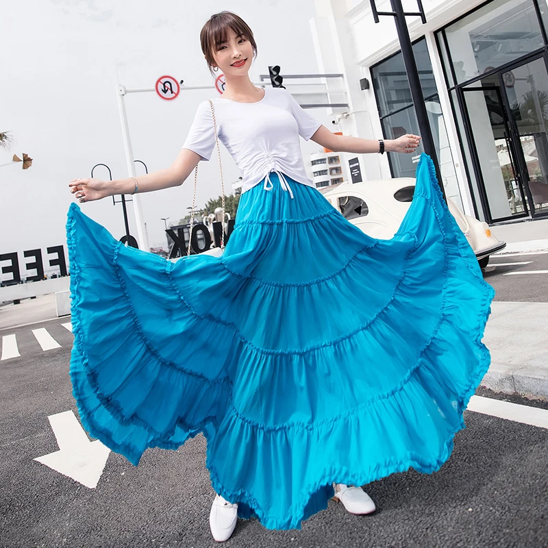 

Bohemian Maxi Skirt Long Big Swing Gypsy High Waist Empire Burgundy Red Yellow Blue Solid Colors Dancing Women Pleated Skirt