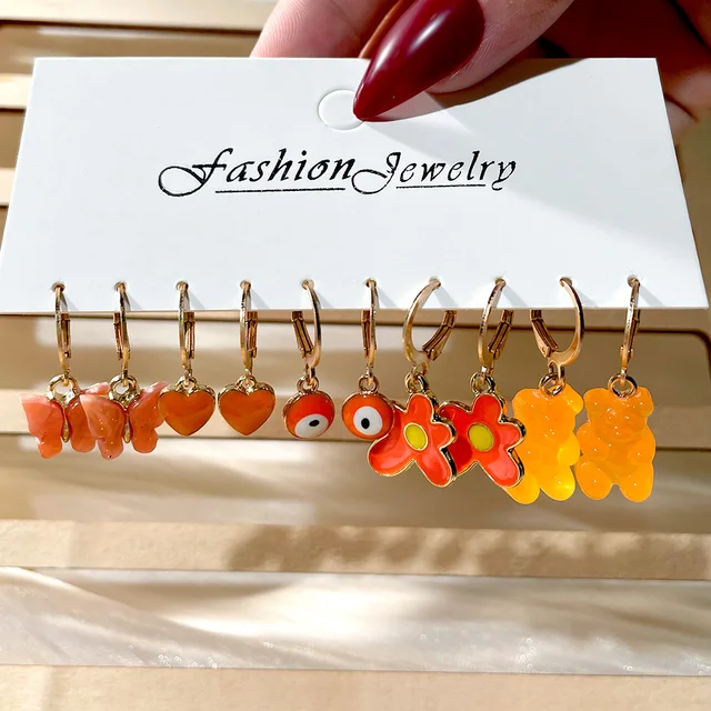 Flatfoosie 5Pair Pink Blue Heart Butterfly Drop Earrings Set For Women Boho Cute Star Moon Eye Dangle Earring 2022 Trend Jewelry 157904OR