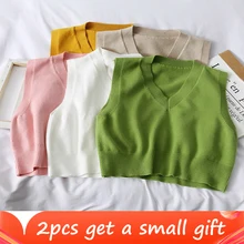 Sweater Vest Outerwear Tops V-Neck Knitting Elegant Autumn Korean Pullover Casual Student