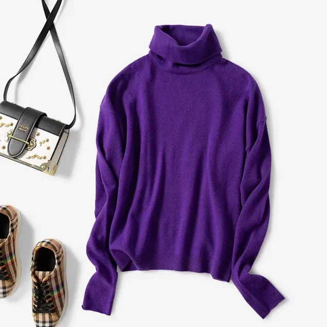 Purple Кашемировый Однотонный свитер с высоким воротом, вязаные топы с длинными рукавами, Осенний вязаный пуловер, свитер - Цвет: Purple