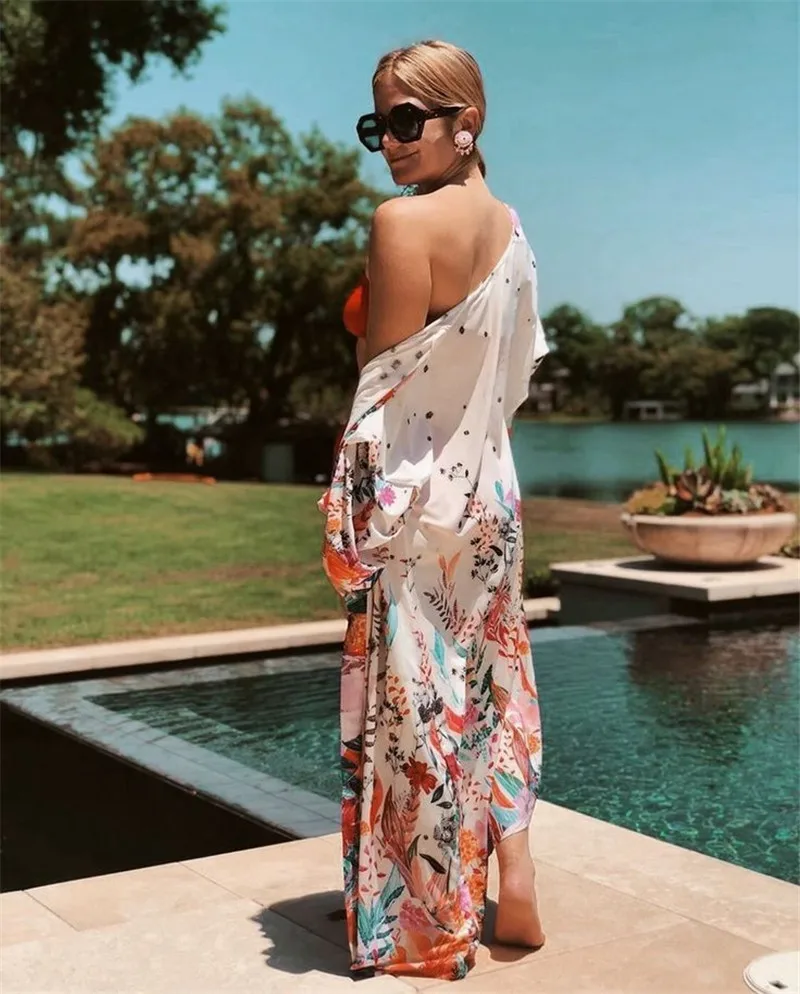 Bohemian Printed Ankle Length Beach Cover Up Plus Size Women Summer Beachwear Chiffon Bathing Suit Coverup Kimono Cardigan N23