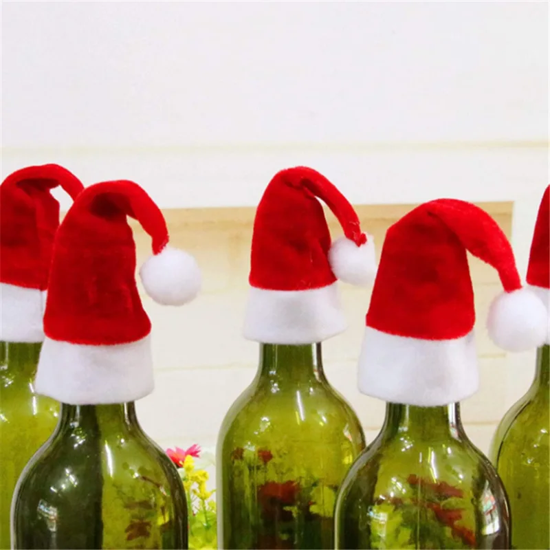 100 Pack Cotton Christmas Santa Hat for Silverware Wine Bottle Holder Christmas Utensil Cutlery Holder Bags Pouch New Year Decor