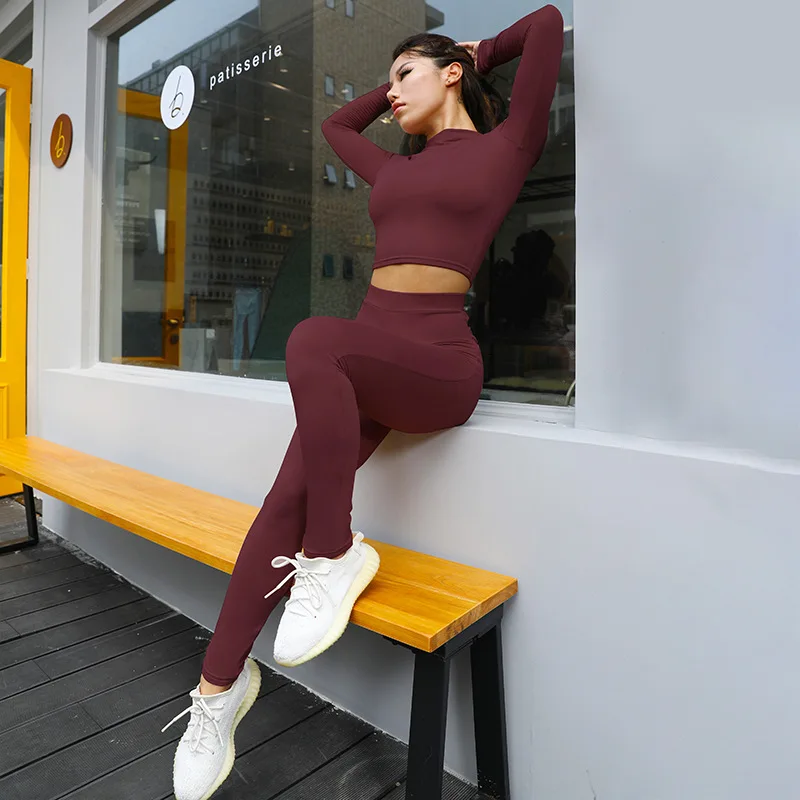 skirt suit set Winter Women Sport Fitness 2 Two Piece Set Outfits Long Sleeve Crop Tops Tshirt Leggings Pants Set Bodycon Tracksuits Women's plus size pant suits for weddings