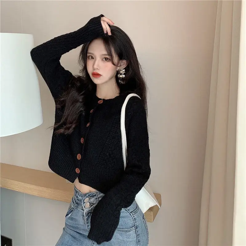 여성 스웨터 가디건, 가을과 겨울 스웨터 코트, 여성 가디건, 긴 소매 라운드 넥 싱글 단추 짧은 상의