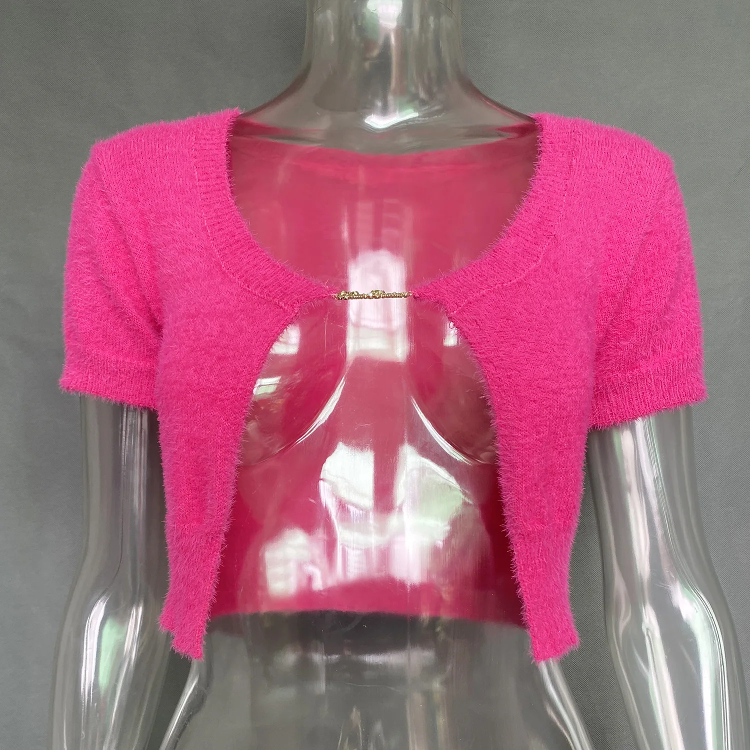 Cárdigan corto elegante, suéter de manga corta de punto de mohair, camisetas sin mangas con letras y cadena para mujer, novedad 2025