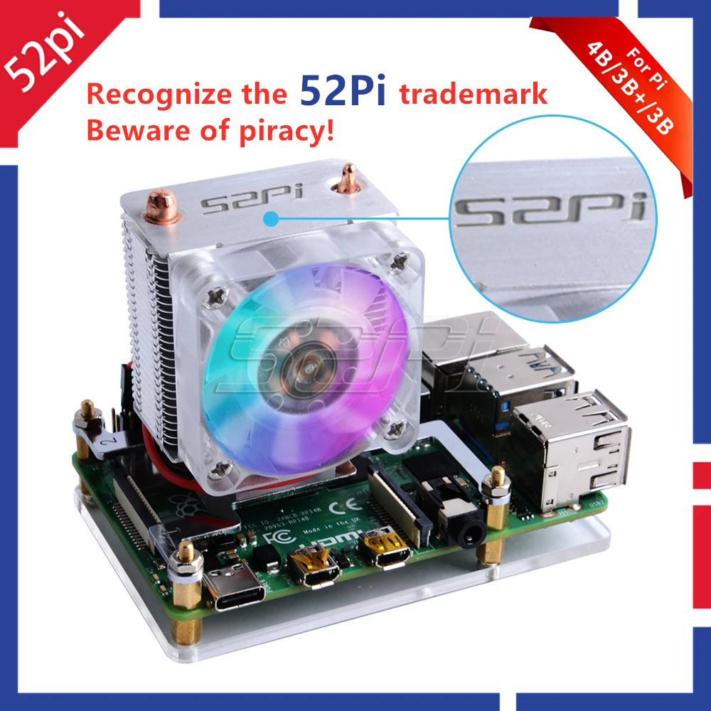 Ventilador de Refrigeração Dissipação de Calor Case para Raspberry 3b + Novo Ice-tower Preto Super 7 Cores Luz 5-camada pi 4 b – 3b + 52pi V2.0