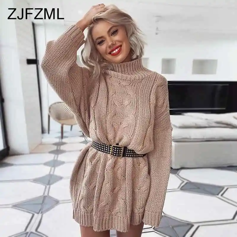 

Women Turtleneck Knitted Long Sweaters Winter Solid Twist Slit Loose Causal Dresses Plus Size Pullover Warm Long Sleeve Jumpers