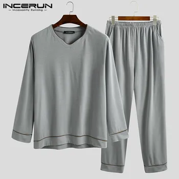 

INCERUN Men Nightwear Suit Men Leisure Pajamas Sets Long Sleeve V Neck Sleepwear Long Pants Solid Color Soft Homewear 2 Pieces
