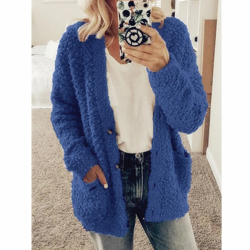 Осенне-зимнее Новое пушистое пальто для отдыха, модная однотонная женская одежда, свободные топы с длинными рукавами и карманами - Цвет: Dark blue