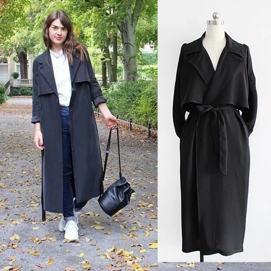Spring Autumn New European American Long Trench Coat Oversize Belt Drawstring Loose Drape Green Color Thin Trench Womens Fashion