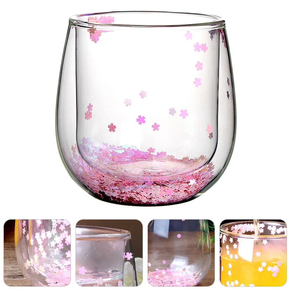 300ml Double Wall Glass Cup with Confetti Glitter Romantic Drinking Mug