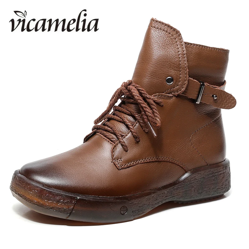 

Vicamelia Women Ankle Boots 2019 Winter Genuine Leather Short Round Toe Boots Retro Boots Zipper Comfortable Boots Black 467