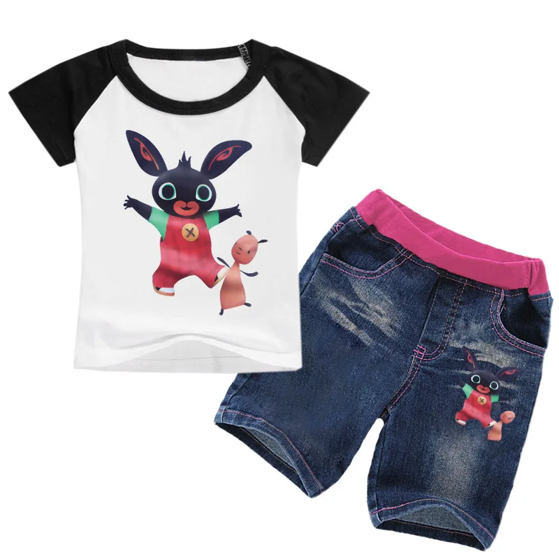 

2-16Years Girls Clothes 2019 Summer Rabbit Bing Bunny T-shirt Denim Jeans Shorts 2pcs Set Boutique Grils Outfits Kids Clothing