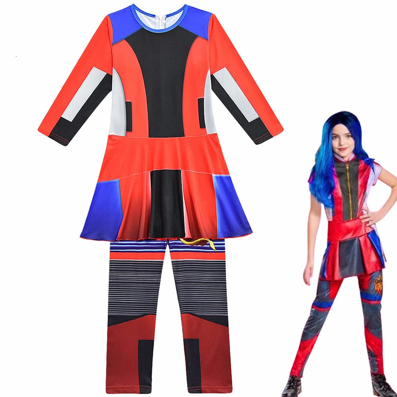 

Girls Halloween Masquerade Party Descendants 3 Evie Cosplay Jumpsuits Costume Kids Evie Carnival 3D Printed Performance Clothing