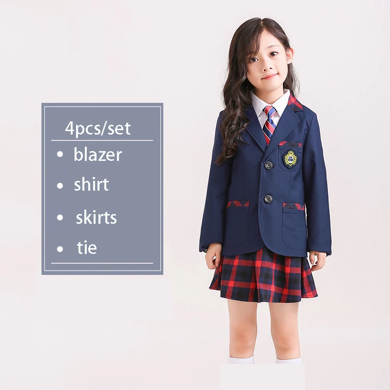 Осенне-весенняя Детская школьная форма, комплект одежды для мальчиков, блейзер для девушек, штаны, рубашки, галстук, наряд, детский праздничный костюм - Цвет: girls 4pcs