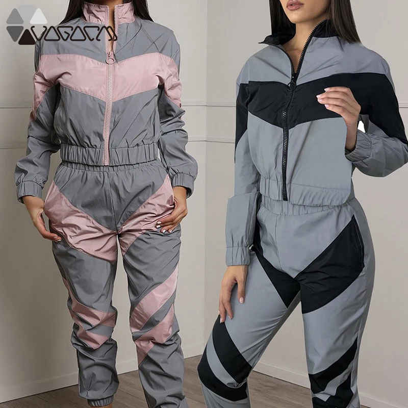 

Winter Zipper Jacket Trousers Tracksuit Women Spliced Reflective Shiny Casual Workout Suit Jogging Femme Sportswear Outfits