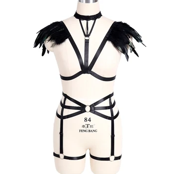 

Harness Bra Set Feather Shoulder Top Strap Sexy Body Caged Punk Goth Festival Night Rave Belt Garter Plus Size Elastic Lingerie