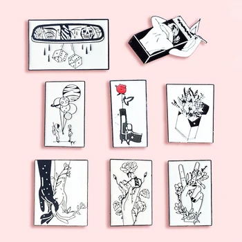 

Black and White Hand Hook Metal Enamel Brooch Matchbox Man Car Fright Holding Flower Badge Pin Fun Trendy Costume Jewelry Gift