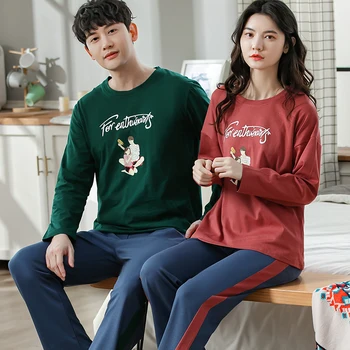 

Wontive Spring Men's Cotton Pajamas Letter men pyjamas suit Couple pajamas Long sleeve pijama for male plus size sleep clothing