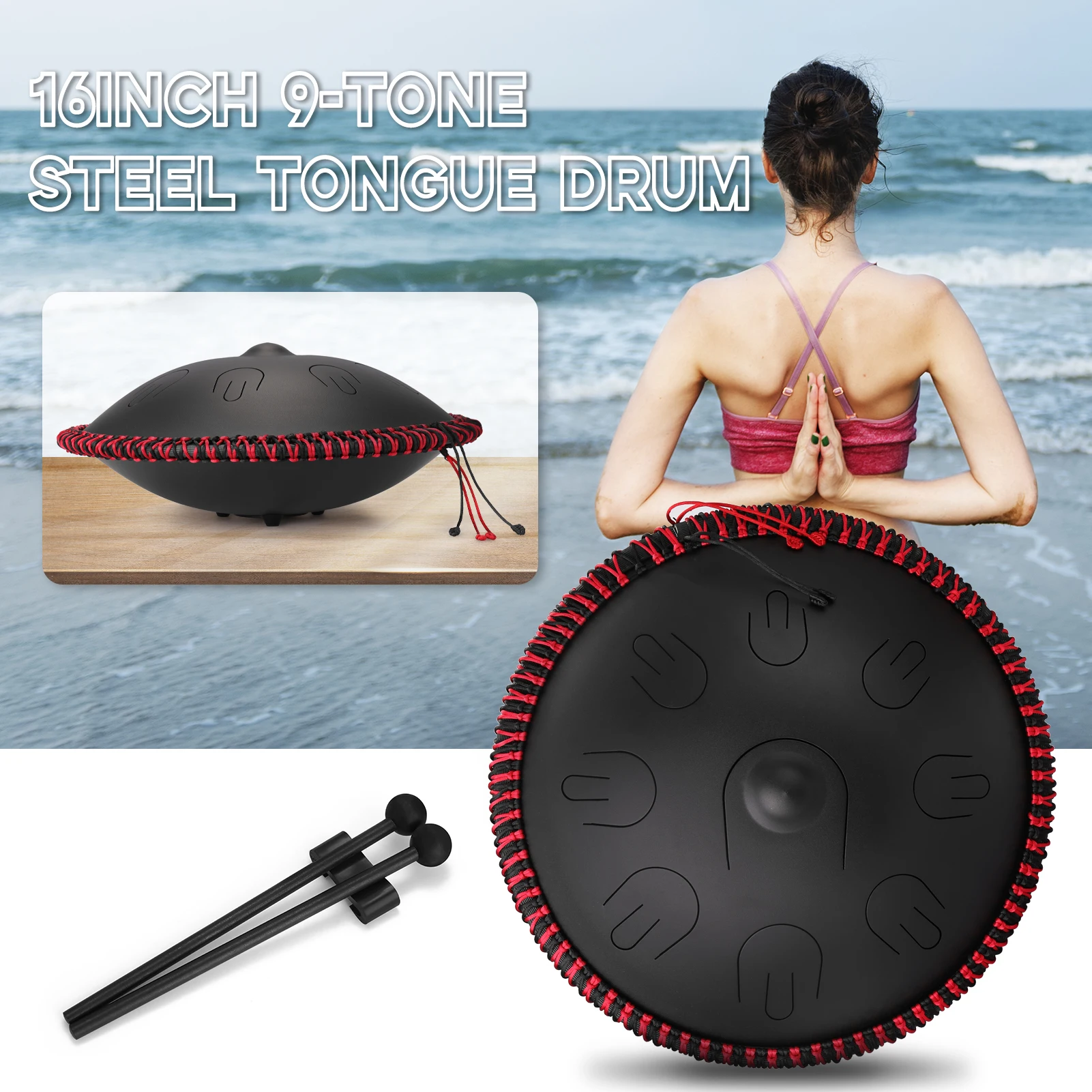 15 inch 9-Tone Steel Tongue Drum D Minor tones Hand Pan Drums with Drumsticks Percussion Drummers Musical Instruments