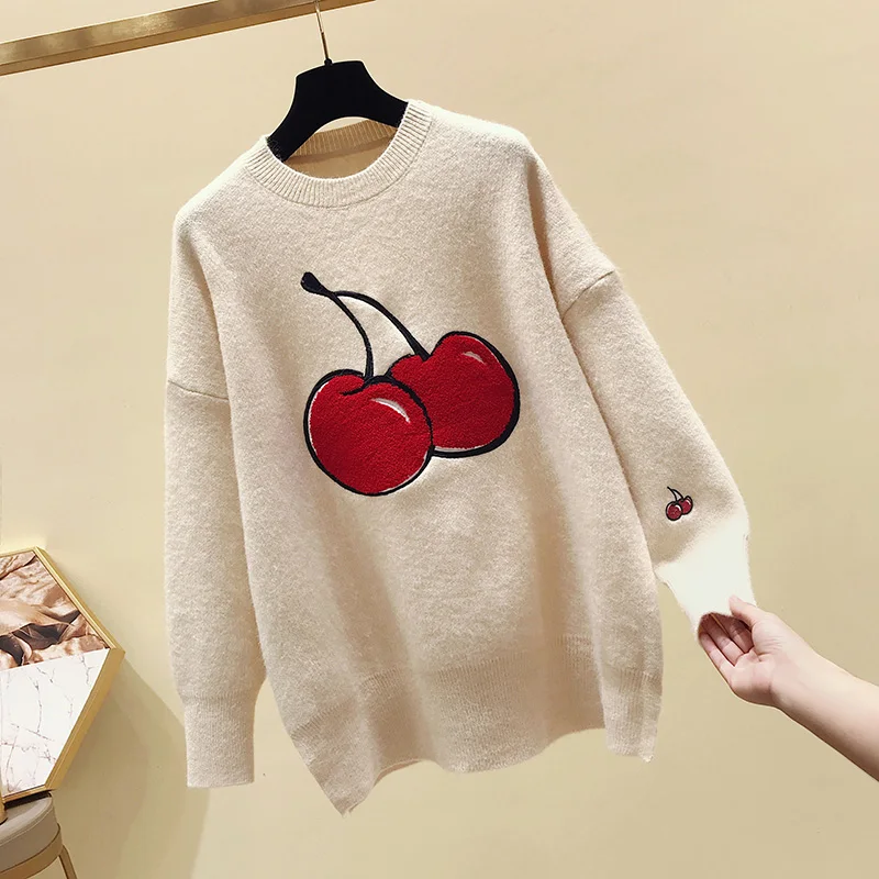 Neploe/женские свитера с вышивкой вишни; Осень-зима ; трикотажные топы; джемпер; пуловер; плотный теплый трикотаж; Pull Femme 55021 - Цвет: Creamy-white