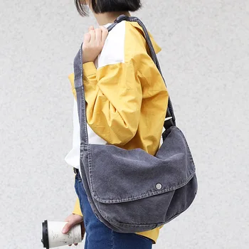

Simple wash canvas bag Mori literary wide shoulder strap messenger bag casual retro clamshell shoulder messenger bag