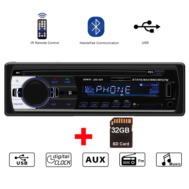 player with 32G SD Автомагнитола 1 Din, автомагнитола, JSD-520, автомагнитола, 12 В, Bluetooth, V2.0, Fm, Aux вход, приемник, 1din, автомагнитола, SD, USB, Mp3, JSD 520 - Цвет: player with 32G SD