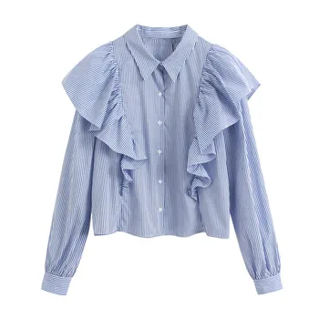 

Stylish Blue Striped Ruffled Blouses Women Lapel Collar Long Sleeve Office Wear Female Shirts Blusas Chic Tops