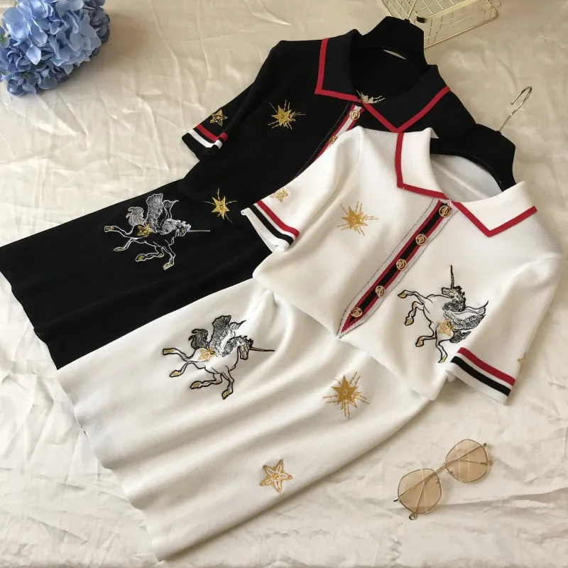 ALPHALMODA Французский Ретро Вышивка узор платье поло воротник с коротким рукавом 2019