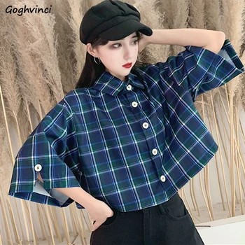 

Shirts Women Short Turn-down Collar Harajuku Tops and Blouses Womens Clothing Plaid Shirt Comfortable Females Casual Korean Chic