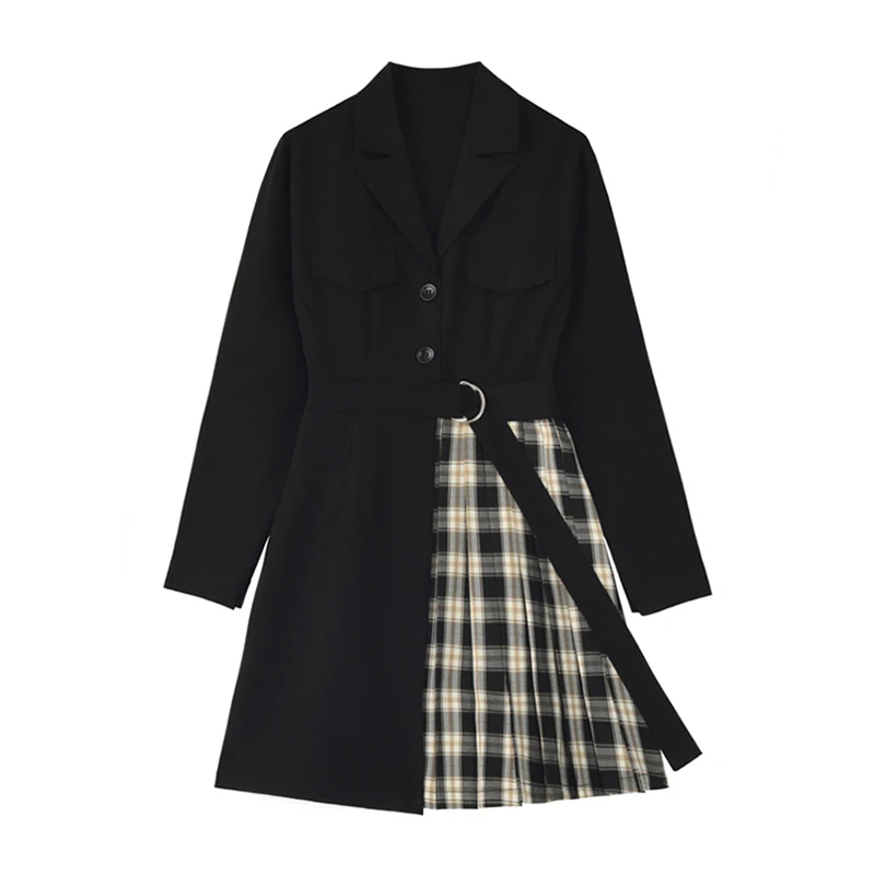 [EAM] Women Black Brief Plaid Stitch Temperament Dress New Lapel Long Sleeve Loose Fit Fashion Tide Spring Autumn 2020 1Z704