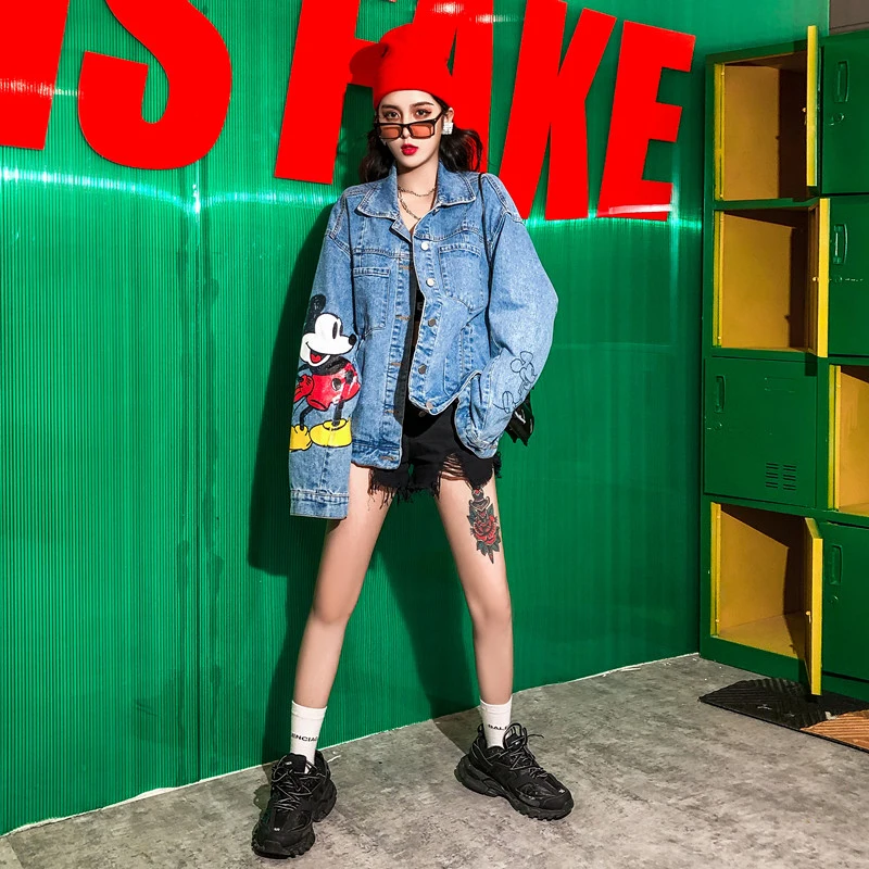 Most effective 2019 New Harajuku Autumn Jacket Jean Top Oversized Cute mickey Cartoon Printed Denim Jacket Streetw