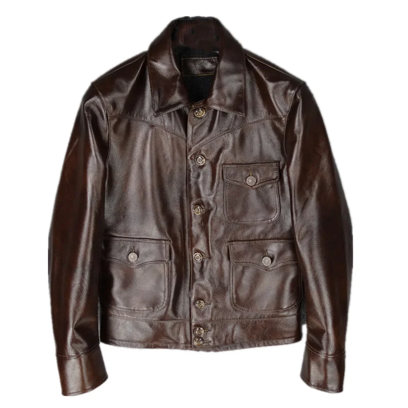 dark brown Супер Распродажа, американская винтажная куртка из натуральной кожи, повседневное мужское коричневое кожаное пальто, верхняя одежда из воловьей кожи батик. Бизнес - Цвет: dark brown