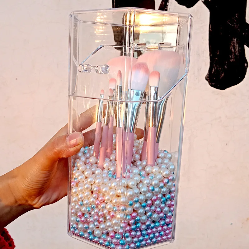 Acrylic Makeup Brush Holder Storage Box Transparent Flip Cover Bucket Beauty Container Desktop Pen Lipstick Organizer | Дом и сад