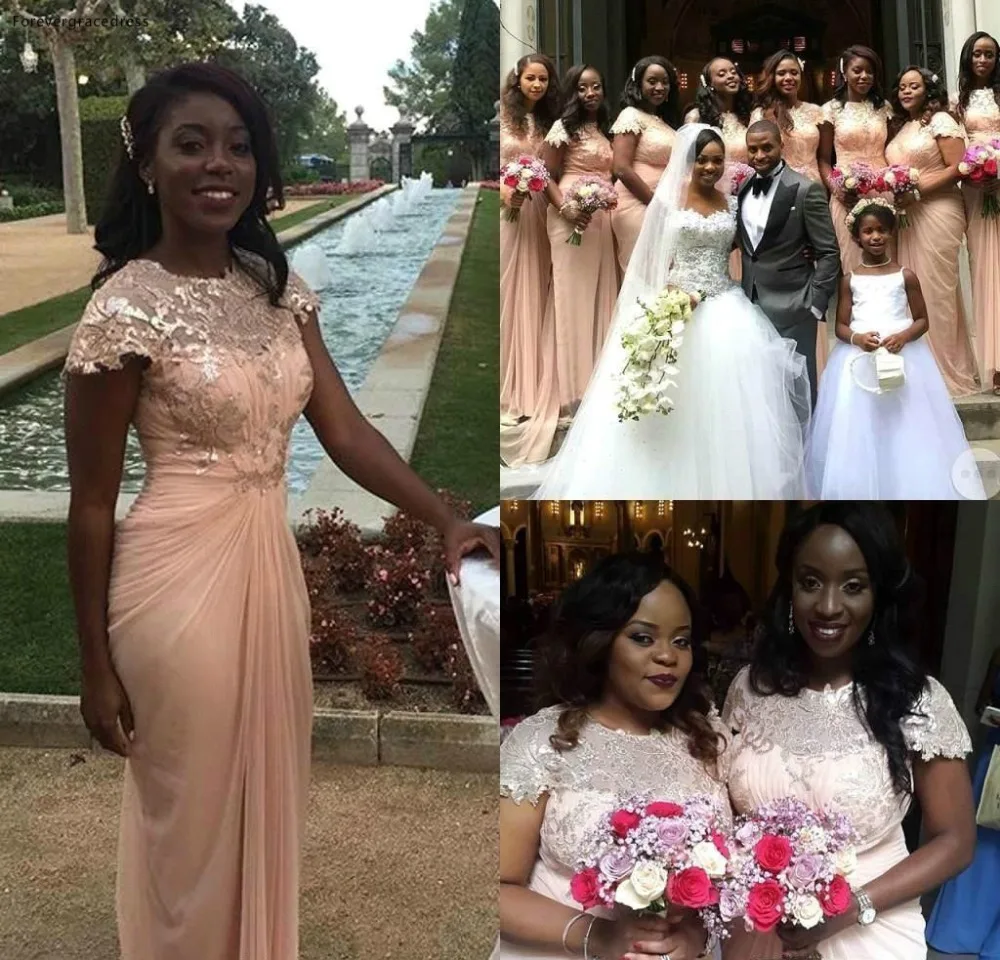 Light Pink Long Arabic Bridesmaid Dresses for Wedding Sheath Chiffon Bridesmaid Gowns Lace Appliqued Wedding Party Dress BA6726  92 (3)