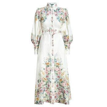 

2020 Summer Autumn Nice Beautiful Sprayed Full Sleeve Floral Print Women Long Dress Luxury Elegant Split Dress With Belt Vestido