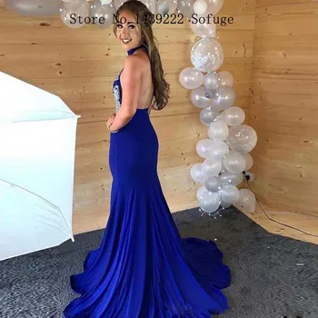 

Blue Halter Sexy Satin Sexy Backless Evening Dresses Prom Mermaid Lace Vestidos De Fiesta De Noche Robe De Soiree Plus Size