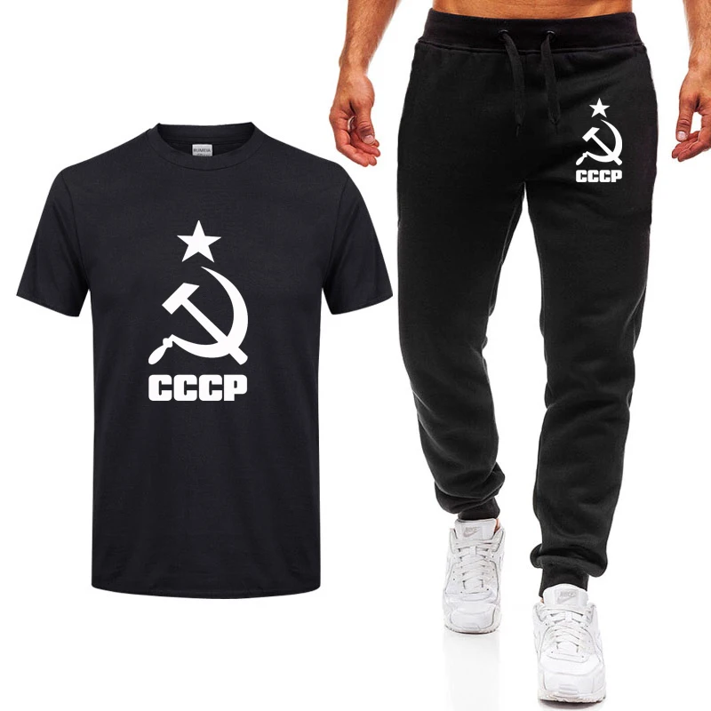 Summer T Shirts Men CCCP Russian USSR Soviet Union Man Short sleeve Moscow Russia Mens Casual Tees Cotton T Shirts+pants suit