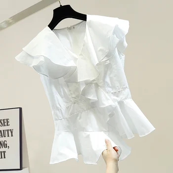 

Sweet Irregular Ruffled V-neck Sleeveless Pullover Shirt Female Summer Top All-match Slim Tops Blusas Mujer De Moda 2020