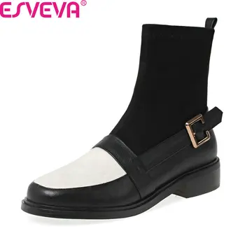 

ESVEVA 2020 Buckle Mixed Color Women Boots Cow Leather Flock Round Toe Ankle Boots Square Heel Slip on Women Shoes Size 34-39