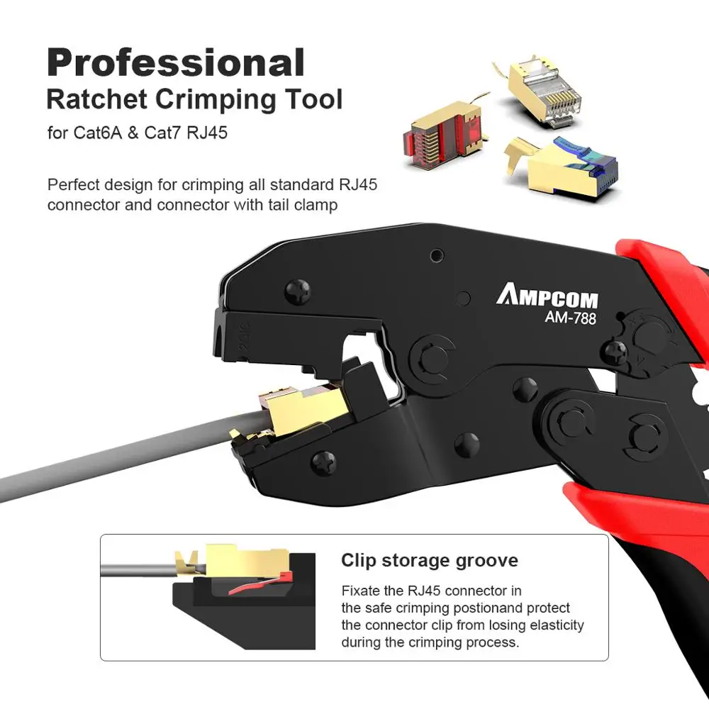 Ampcom um Passo Rj45 Ratcheting Crimper Ferramenta de Rede para Cat6a Cat7 Blindado Conector com Peças Substituíveis Friso Dados Ferramentas de rede - Imagem 6