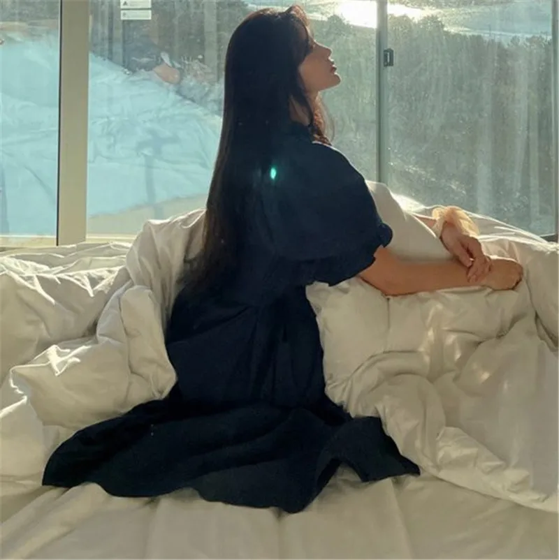 White Blue Ruffles Summer Nightgown Elegant Long Sleepwear Sweet Cotton Home Clothes Cardigans Lace Up Puff Sleeve L611
