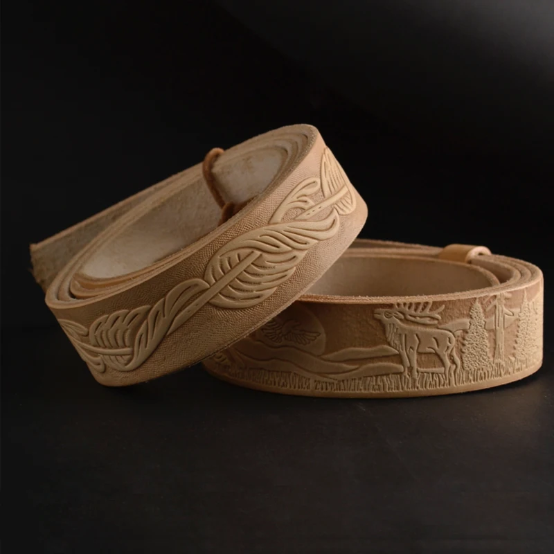 천연 엠보싱 DIY 반가공 가죽 벨트 스트립, 버클 벨트 없는 순수 천연 가죽, 식물성 무두질 가죽, 신제품