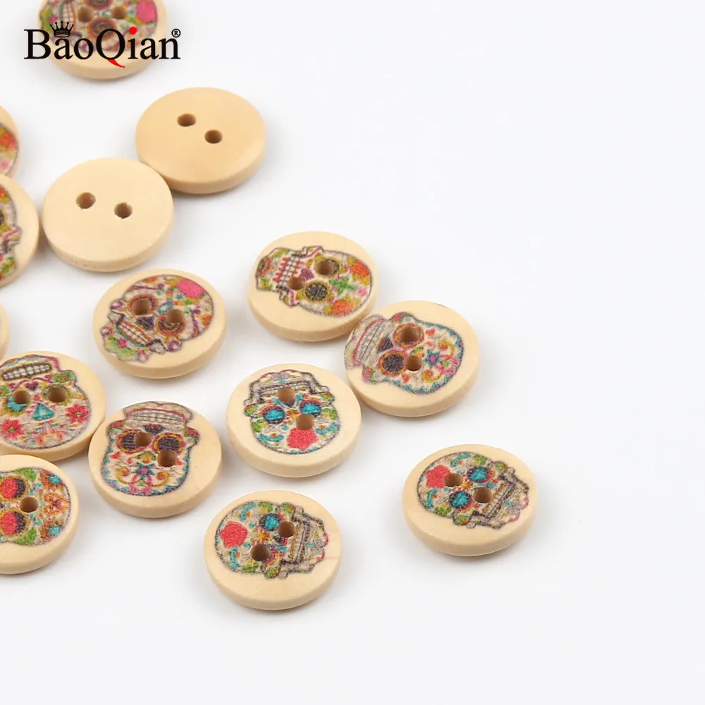 50Pcs 15mm Skull Painted 2 Hole Round Wooden Buttons For Crafts  Scrapbooking Clothing Decoration Sewing Accessory Wood Button