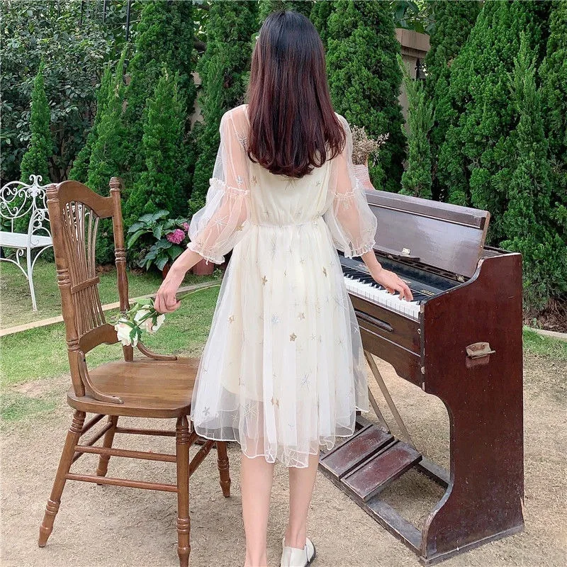 Mesh Dresses Women Korean Style Patchwork Sequins Sweet