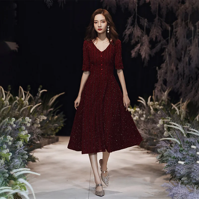 wei yin AE0364 2020 Burgundy Evening Dresses Half Sleeves Zipper Party Gowns V Neck vestidos de festa Formal Dress | Свадьбы и