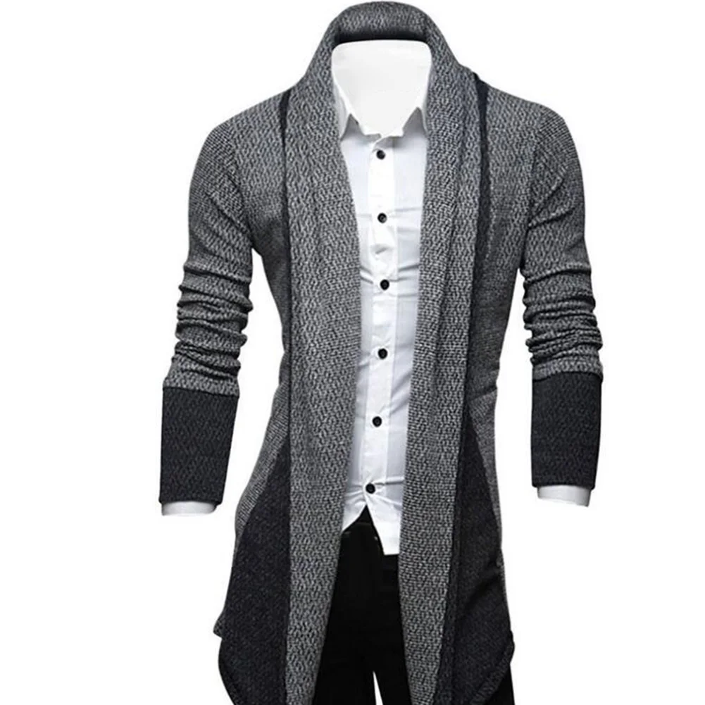 Мужской свитер, вязаный, длинный рукав, цветной блок, пэчворк, вязаный, зимний, свободный, размера плюс, длинное пальто, кардиган