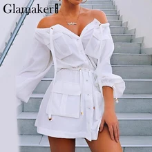 Glamaker, кружевное короткое платье без спинки, женское платье с открытыми плечами, уличная одежда, элегантное белое платье, женское Повседневное платье с карманами и длинным рукавом